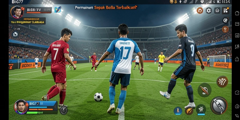 Screenshot gameplay BIG77 menampilkan aksi seru di lapangan sepak bola.