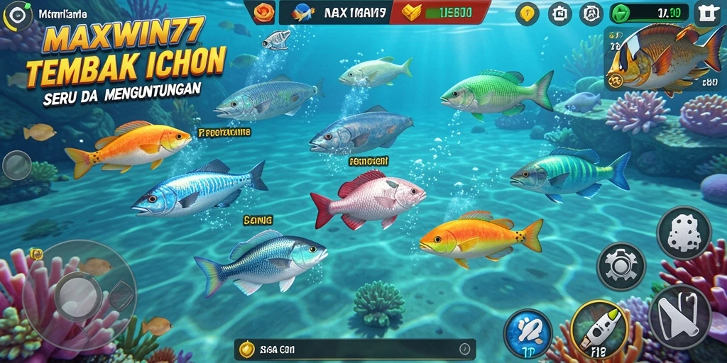 Tampilan gameplay seru dalam MAXWIN77 yang memikat dengan ikan berwarna-warni.