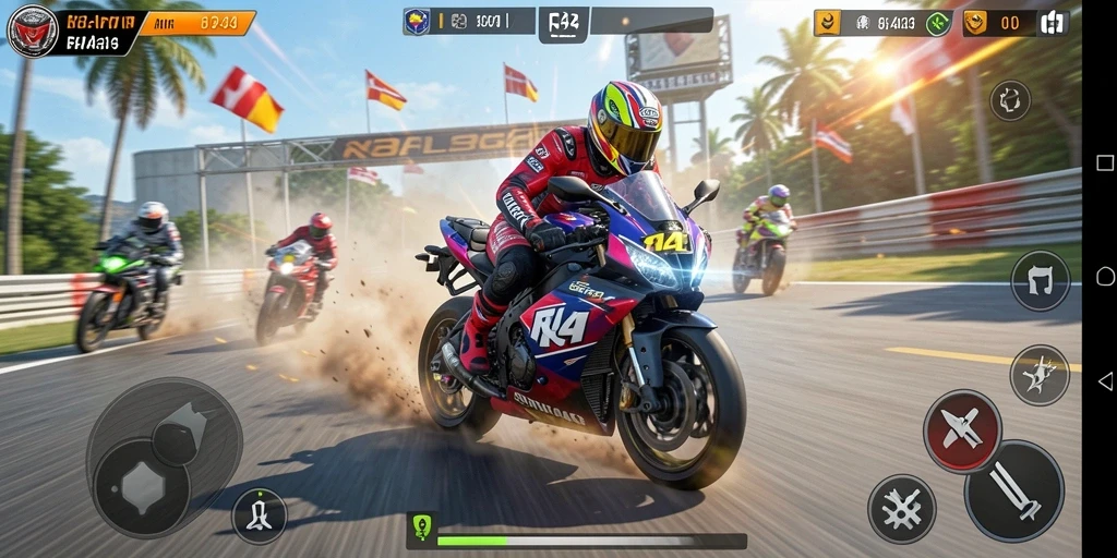 Screenshot utama RR44 menunjukkan aksi balapan motor yang mendebarkan.